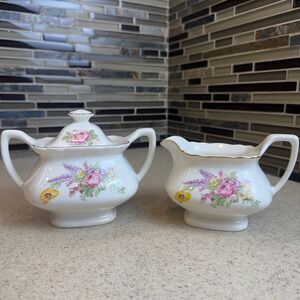 Vintage 1950s WS George Lido Floral Creamer and Lidded Sugar Bowl Set Gold Trim
